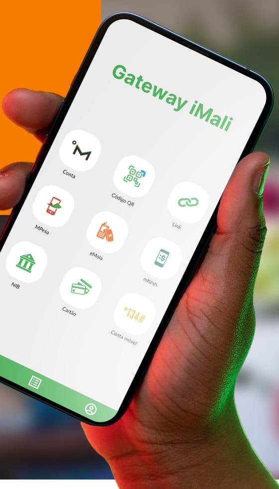 Aplicação iMali no telemóvel, com o ecrã Gateway iMali